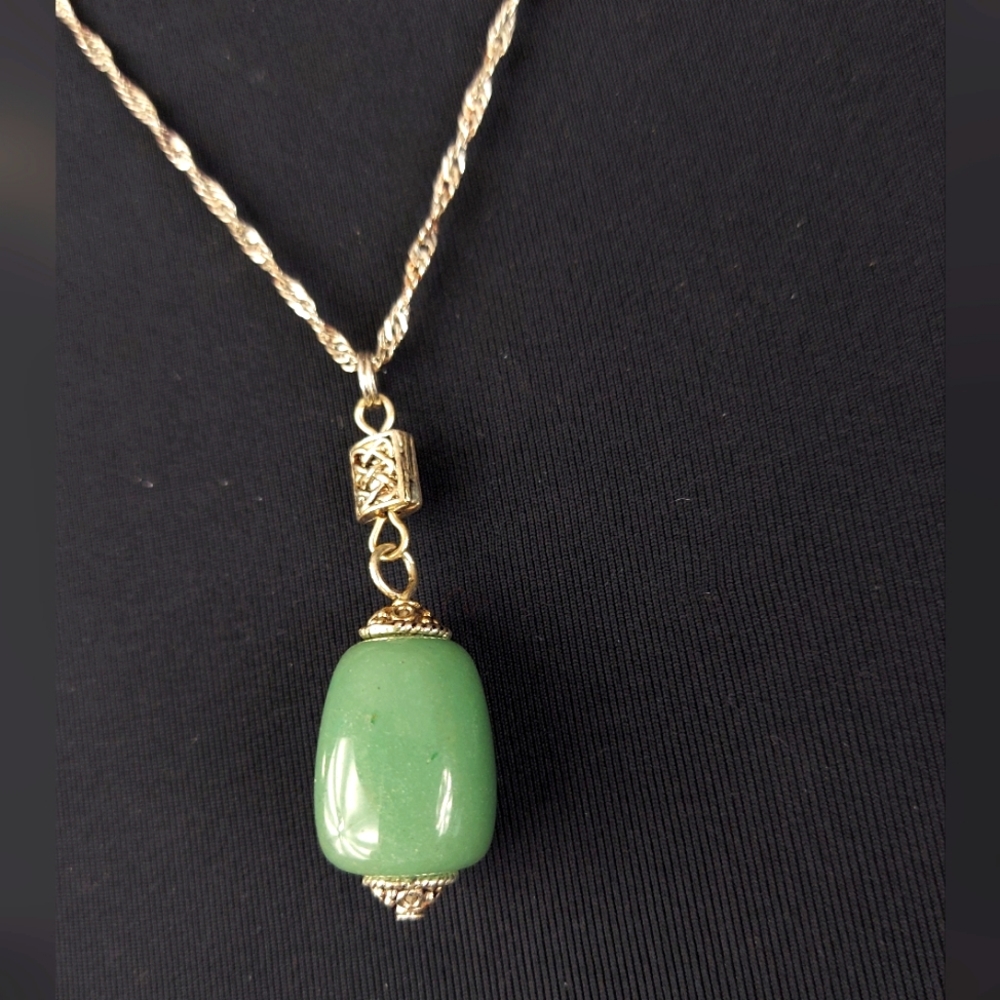 Green Jade pendant with Celtic knot twisted silver chain necklace
